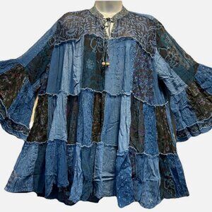 Nw FUNKY STUFF patch boho tiered babydoll sheer chiffon viscose TOP 1X
